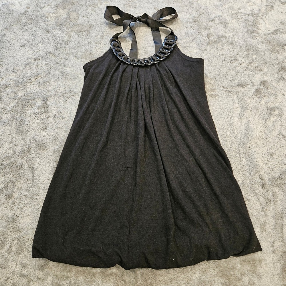 1955 Vintage Black Halter Top Chain Neck Ribbon Tie Pleated Jersey‎ Medium